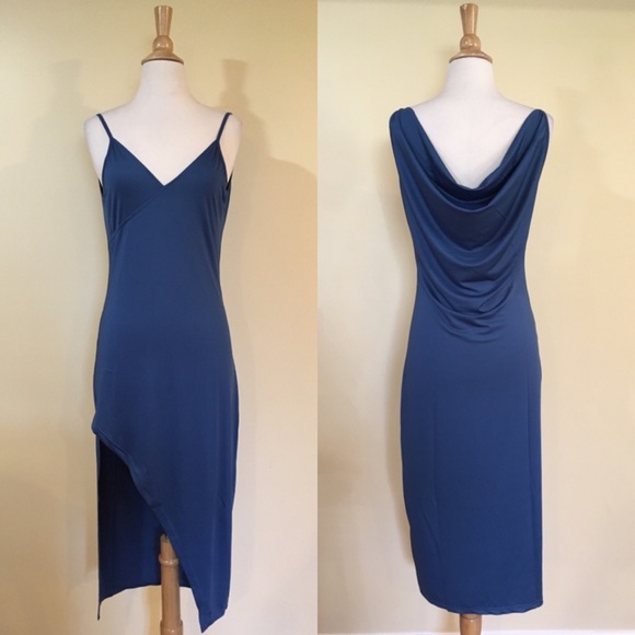 💥 SALE Slinky Open Back Asymmetric Hem Midi Dress - Picture 3 of 4